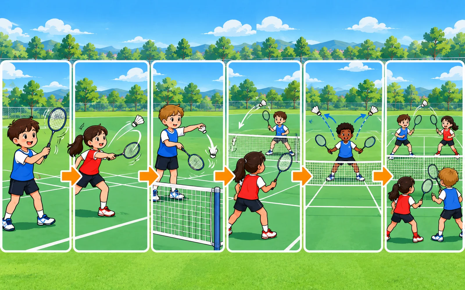 ラケットになれる、前へ飛ばす、サービス、ラリー、左右に打つ、ミニゲームの6つの練習段階を並べた図