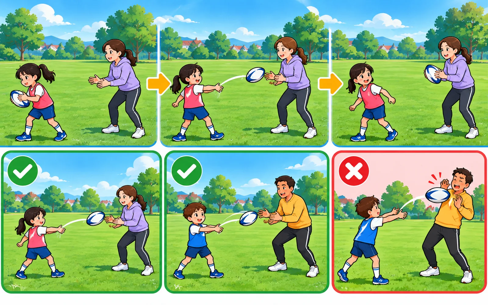 親子が広い場所で、向かい合わずに横にならび、前にいる子どもがうしろにいる親へボールをパスしている。ポイントは、うしろの人へパス、横にならぶ、やわらかいボールで人にぶつけない。