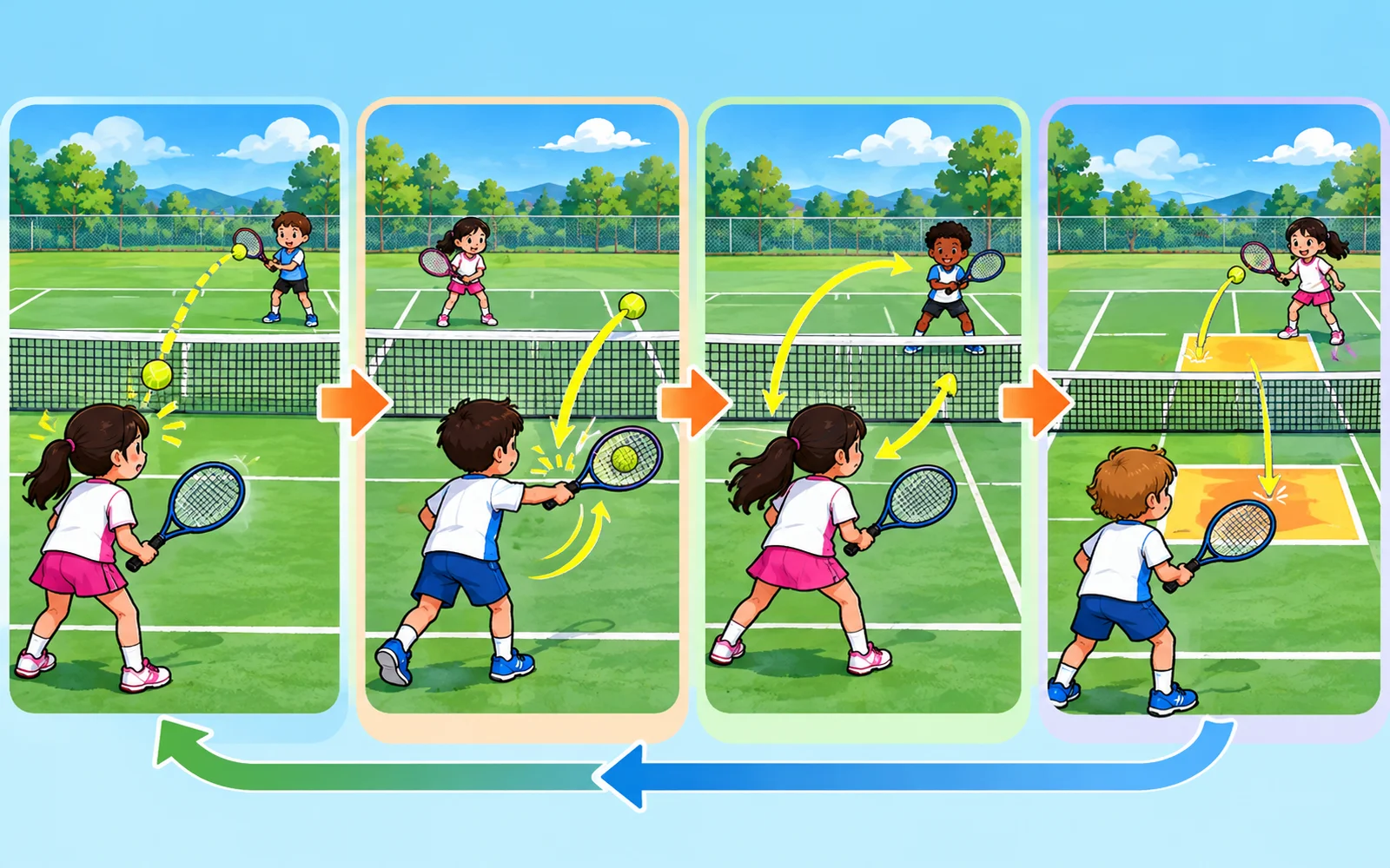 ボールの動きを見る、打ち返す、2人でつなぐ、簡単なゲームで試す、の4つの練習例。段階を飛ばしたり戻ったりしてよい