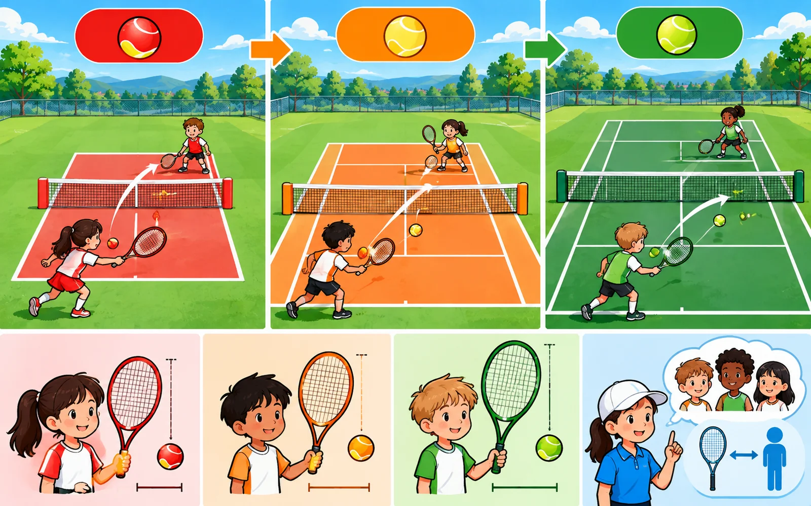 ITFの10歳以下テニスで使われるレッド、オレンジ、グリーンの段階を、コートの大きさと推奨される年齢・ラケットの長さで比べた図。年齢だけで個人に合う道具を決める図ではない