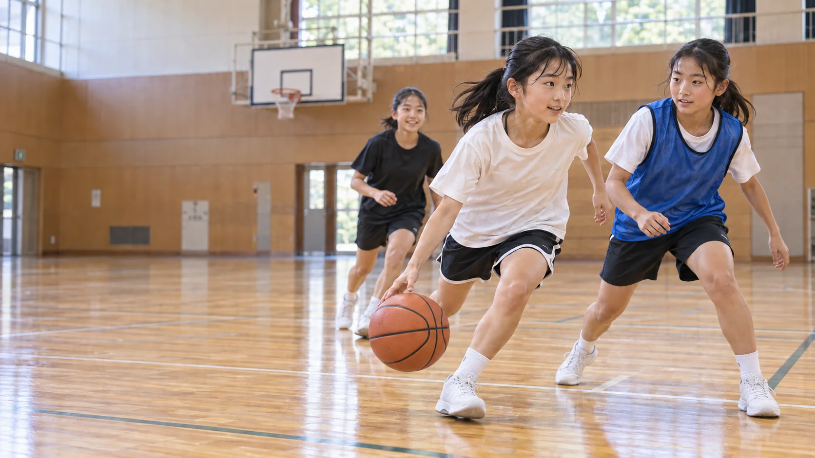 体育館でバスケットボールをする少女たち