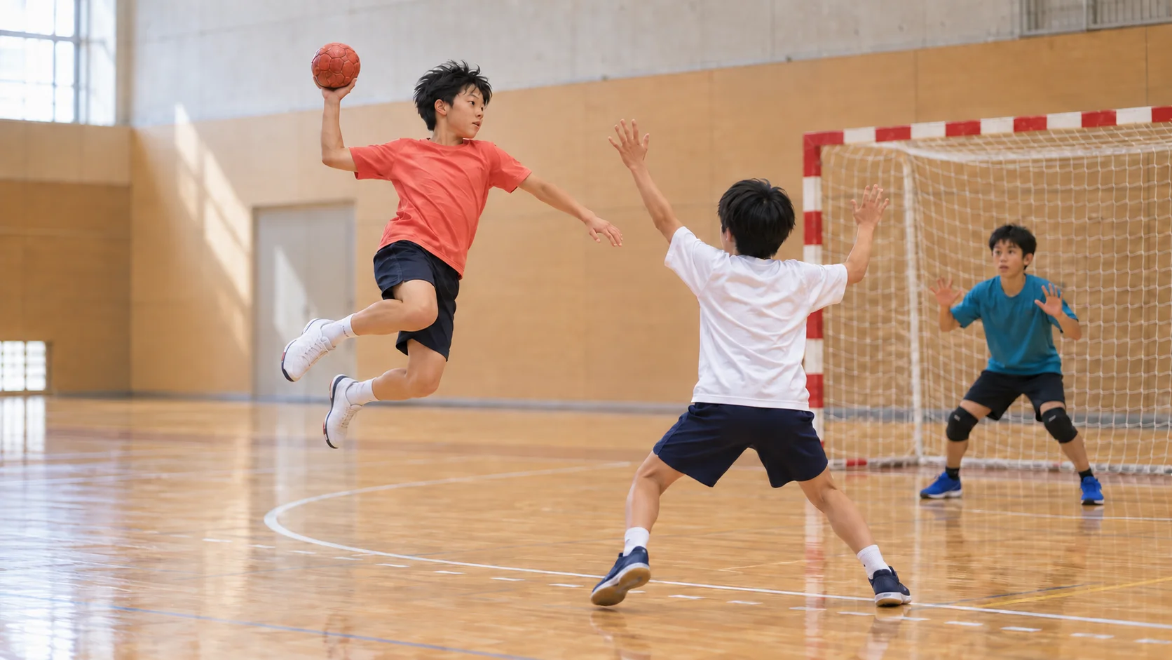 体育館でハンドボールをする少年たち