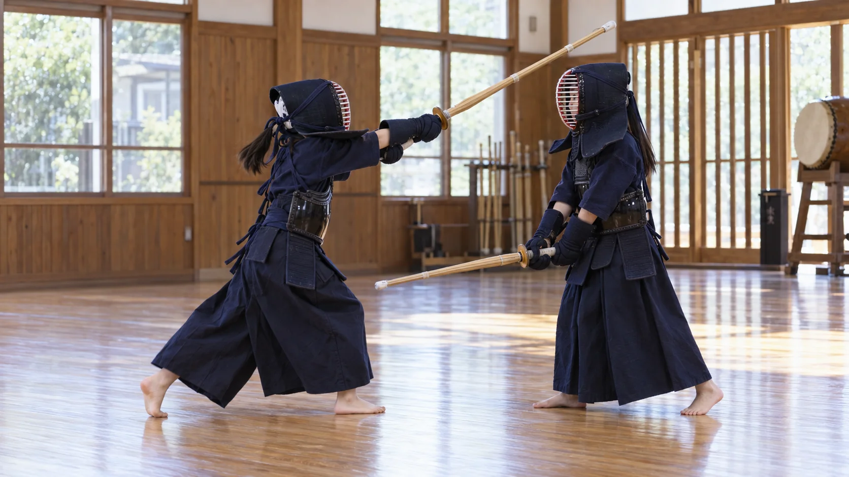 道場で面打ちを練習する子どもたち