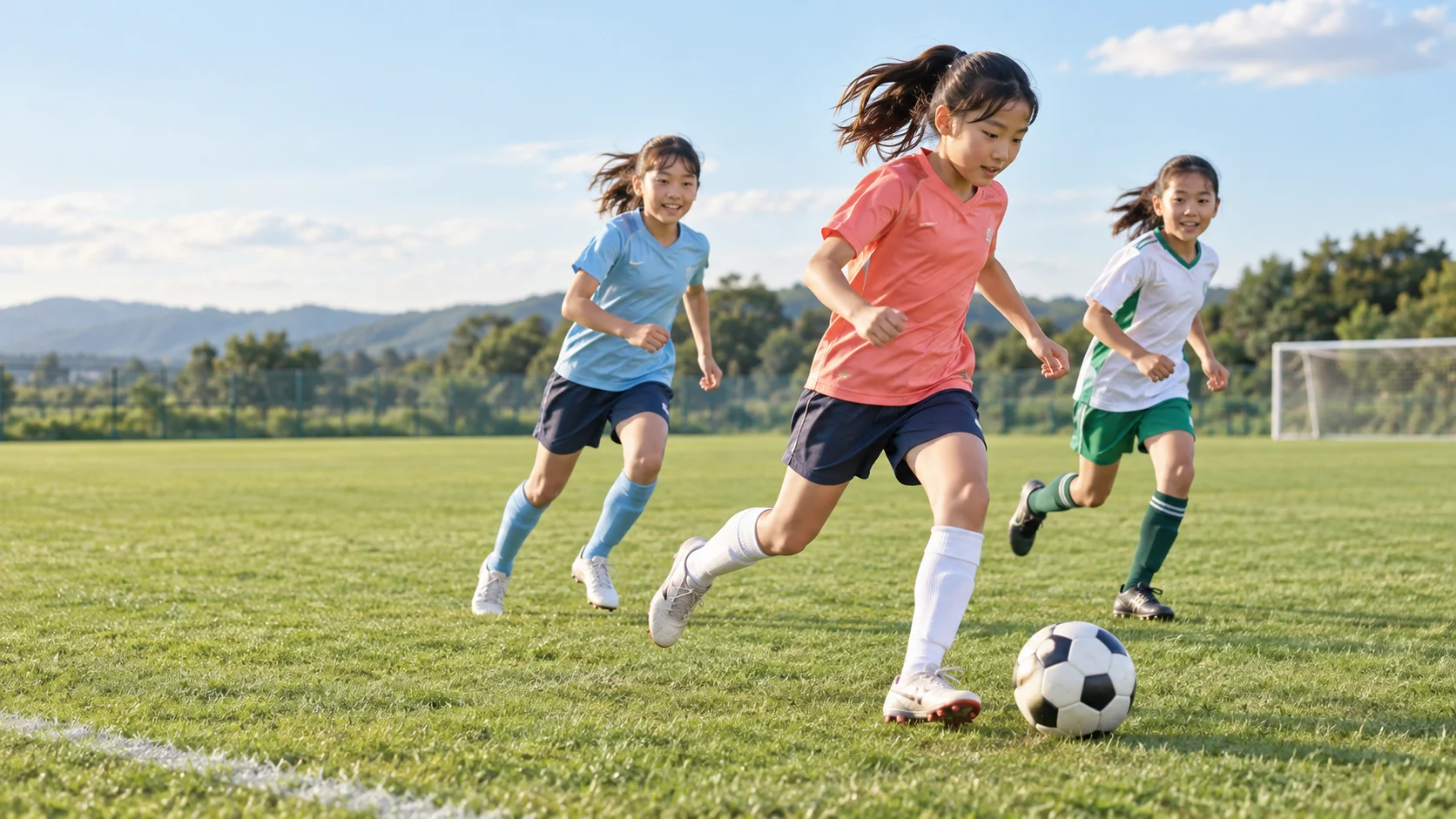 芝生でサッカーをする少女たち